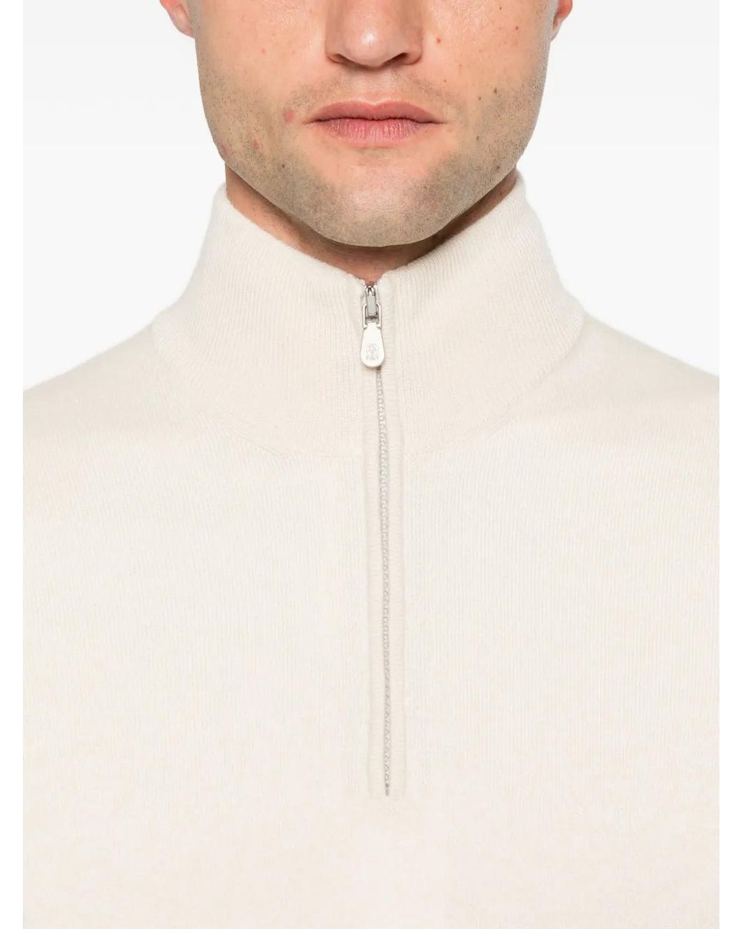 Brunello Cucinelli White Cashmere Sweater With Half Zip for men