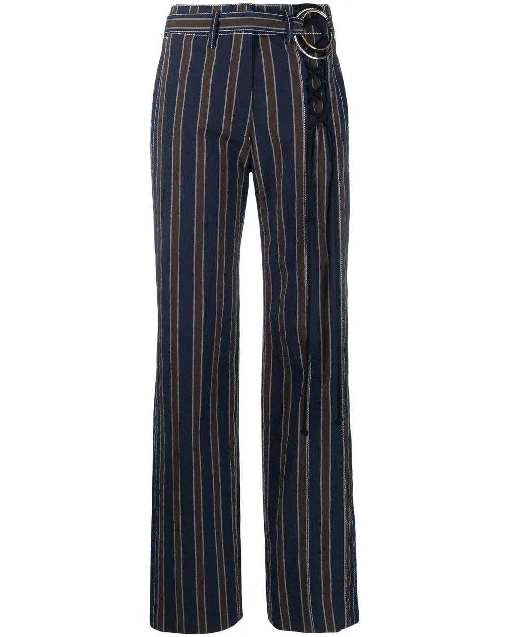 Tory Burch Blue Striped Crinkled Stretch-cotton Straight-leg Pants