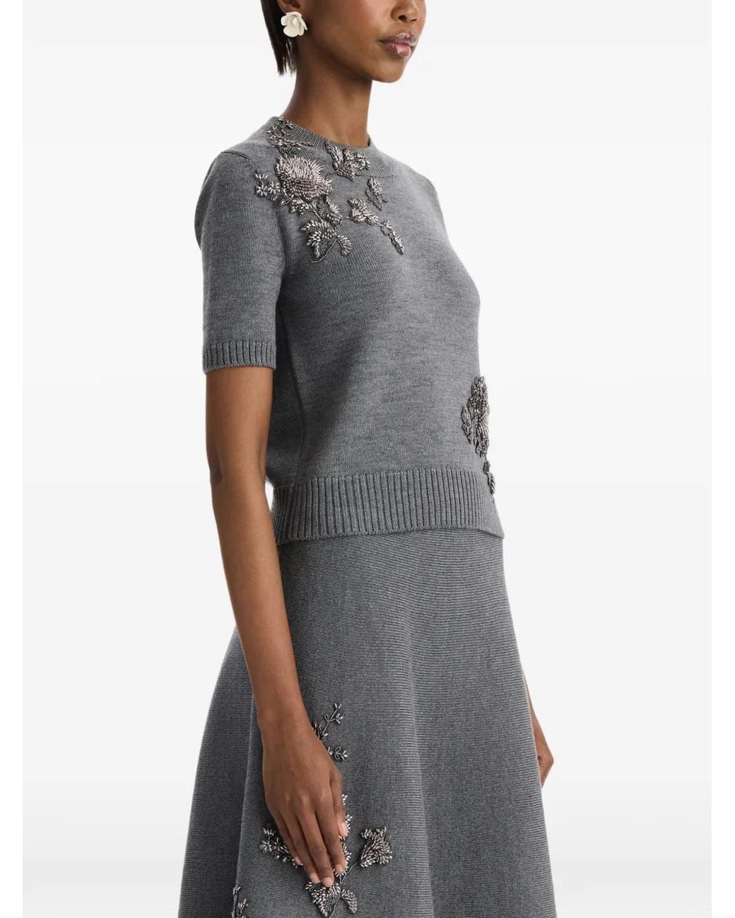 Oscar de la Renta Gray Beaded Peony-Embroidered Sweater
