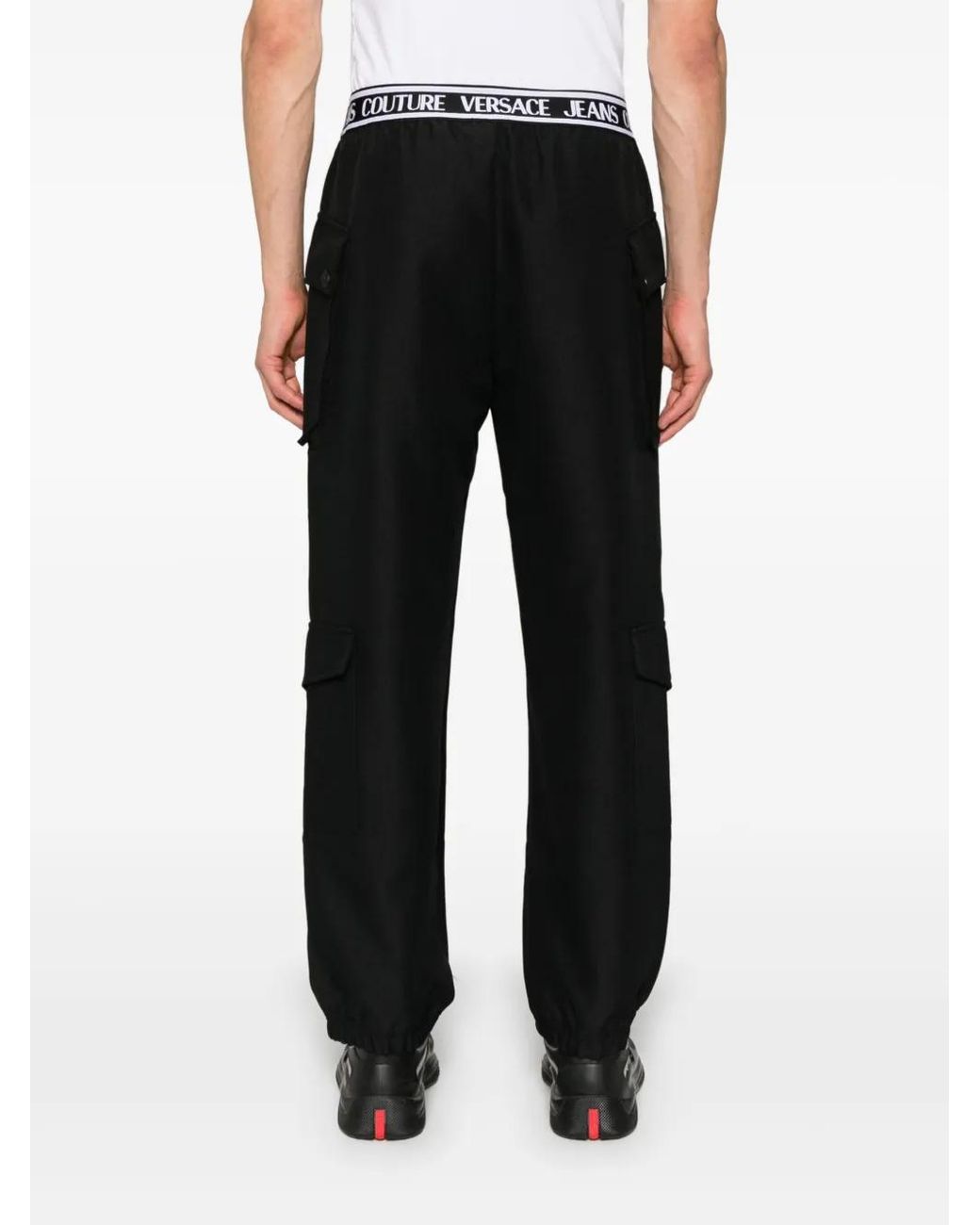 Versace Jeans Couture Black Logo-Waistband Cotton Cargo Trousers for men