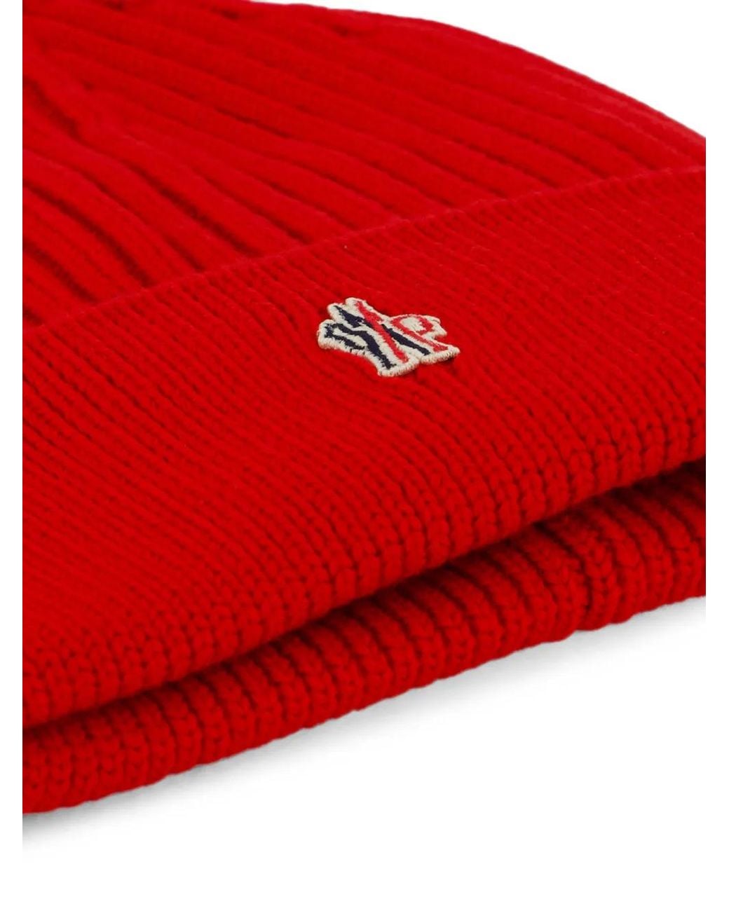 Moncler Red Logo-Patch Ribbed-Knit Beanie Hat for men