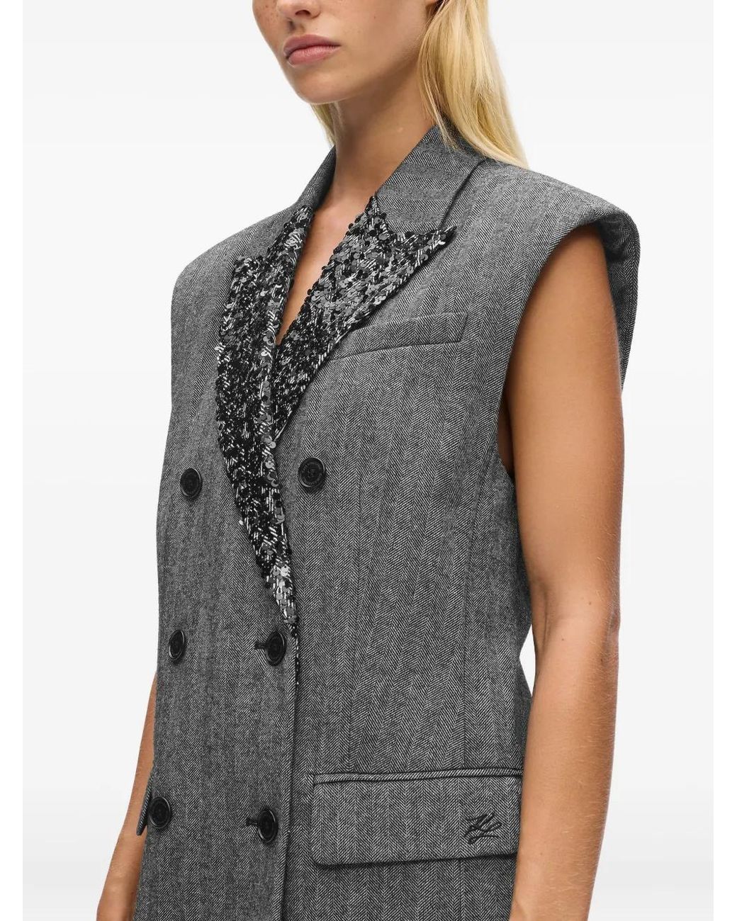Karl Lagerfeld Black Sequin-Embellished Double-Breasted Waistcoat