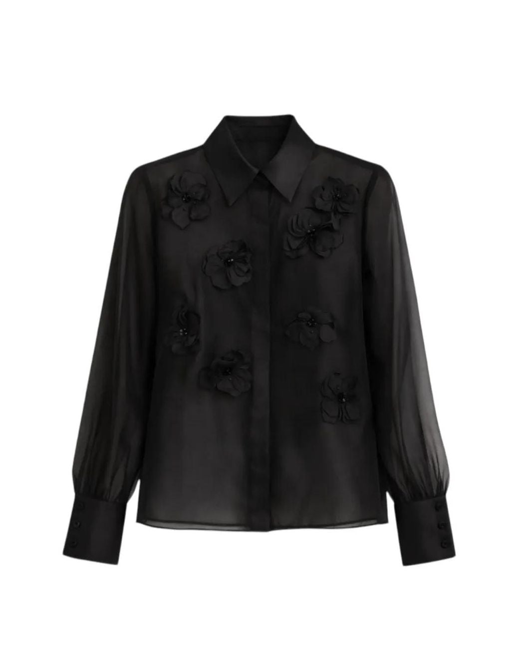 Max Mara Black Floral-Applique Silk Organza Blouse