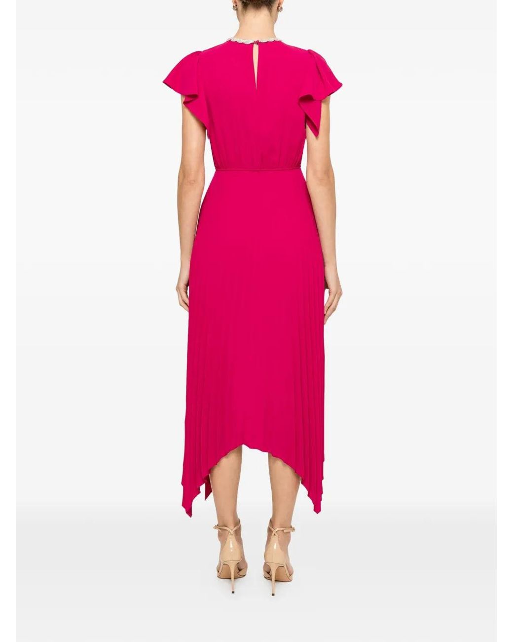 Nissa Pink Crystal-Embellished Pleated Midi Dress
