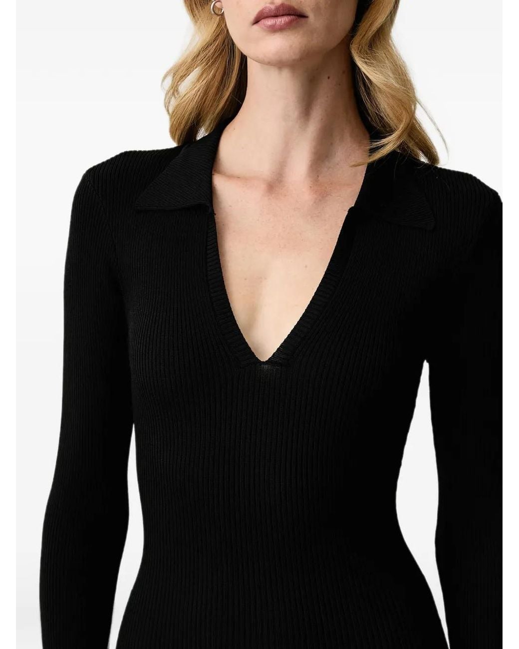 Silvian Heach Black Ribbed-Knit Long-Sleeve Midi Dress