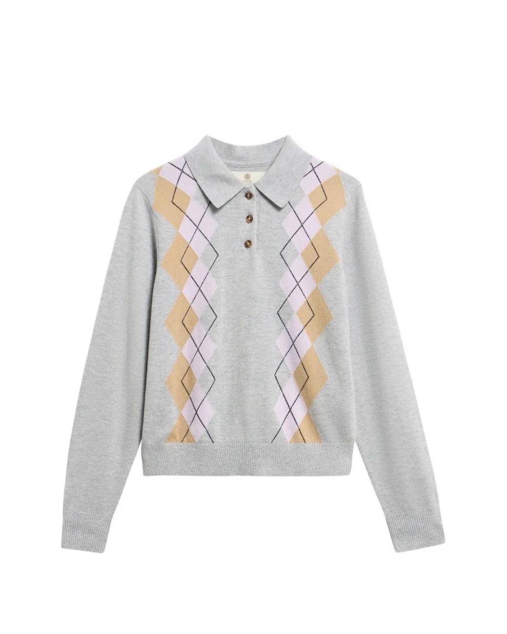 Barbour White Pull Fawne Argyle En Maille Intarsia À Col Polo