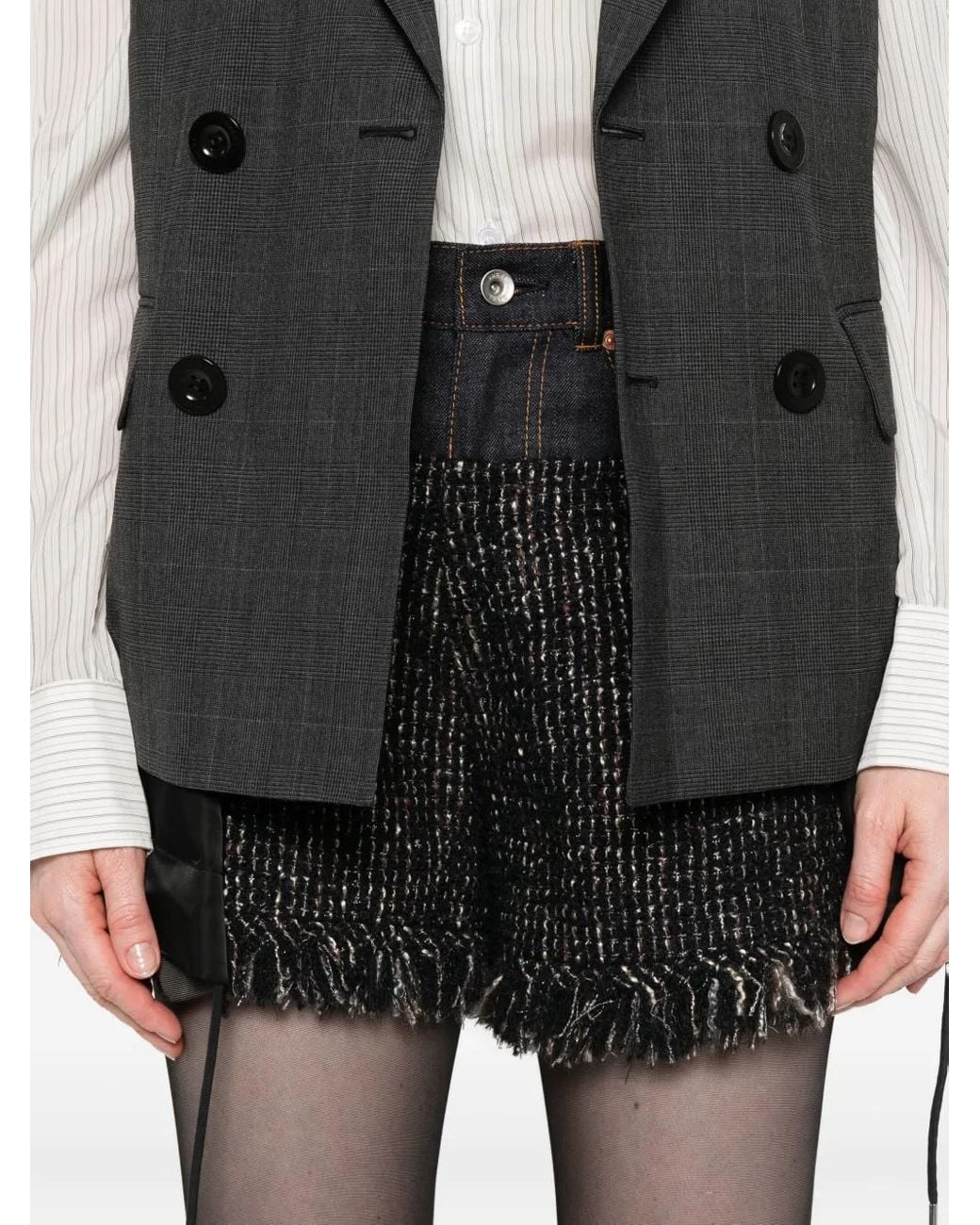 Sacai Black Fringed Tweed Denim Shorts