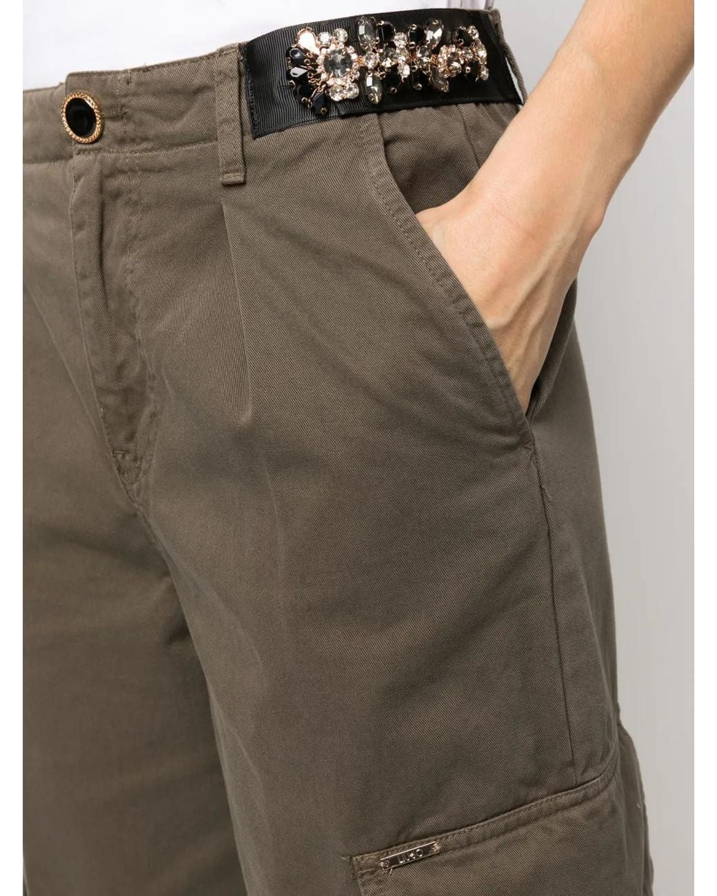 Liu Jo Brown Floral-Embellished Cotton Cargo Trousers