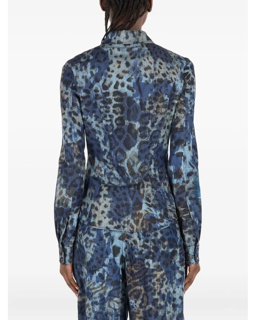 Roberto Cavalli Blue Leopard-Print Button-Up Shirt