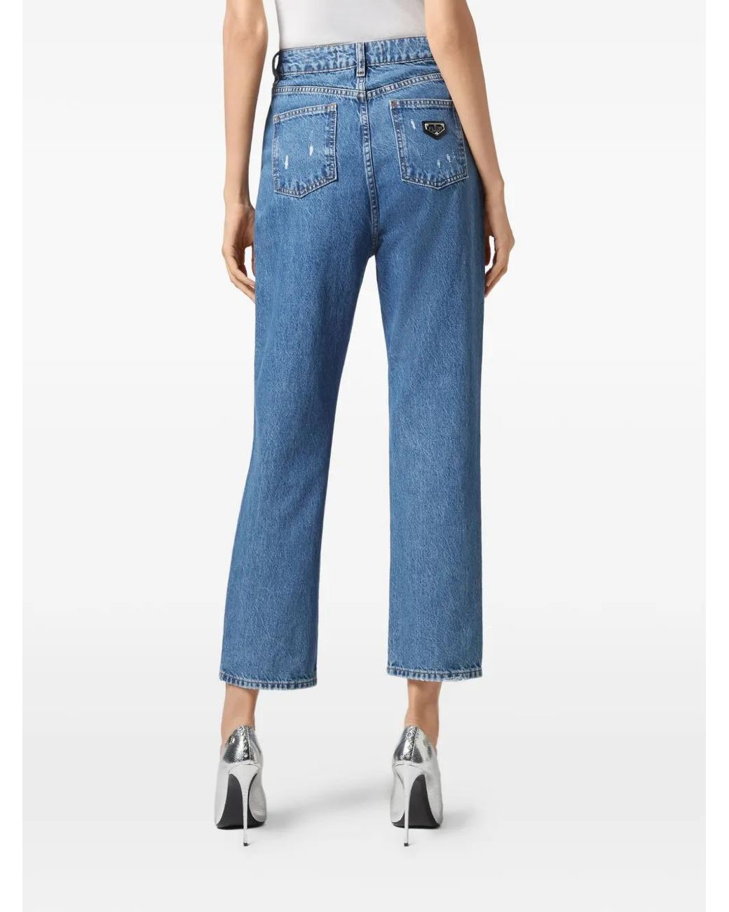Philipp Plein Blue Distressed Crystal-Embellished Jeans