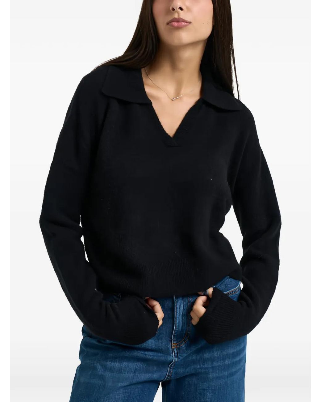 Patrizia Pepe Black Spread-Collar V-Neck Sweater