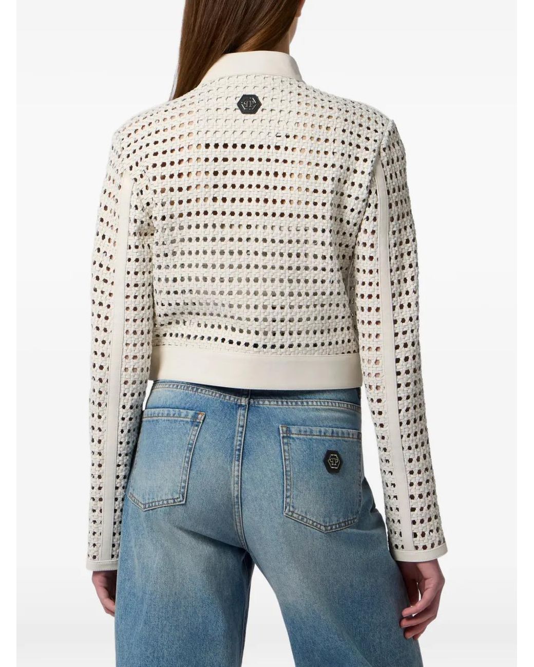 Philipp Plein White Weaved Leather Fitted Jacket