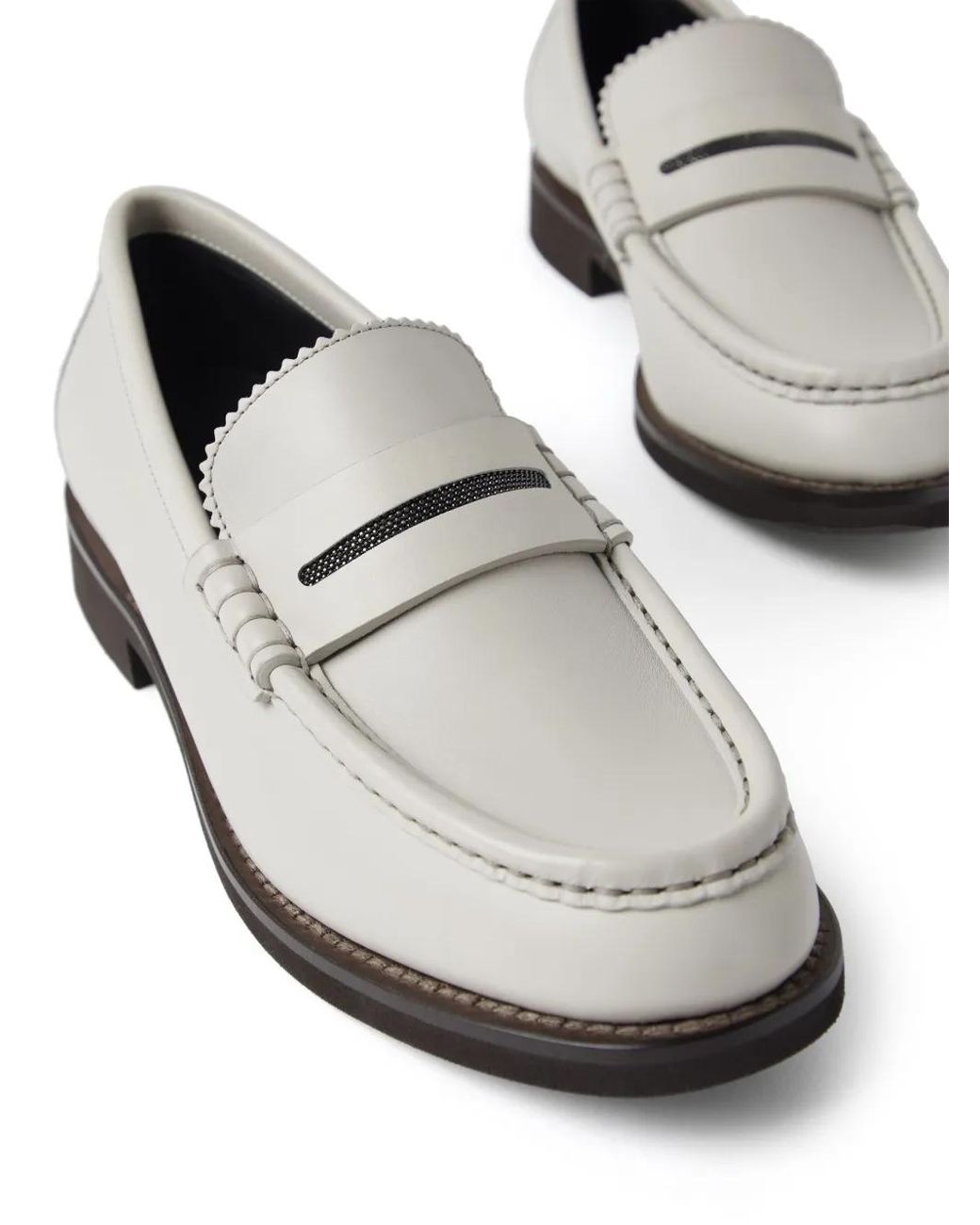 Brunello Cucinelli White Loafers With Monil With Chain Detail