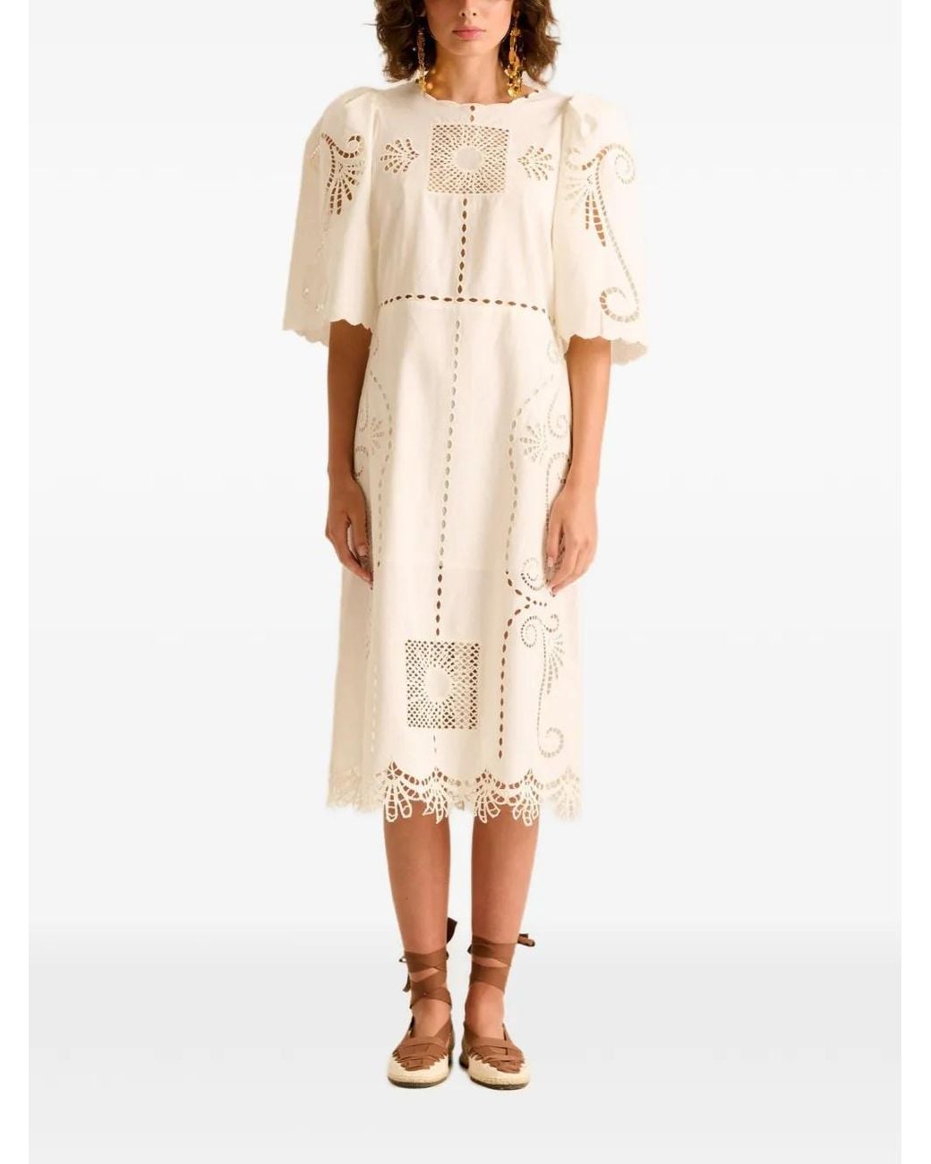 Carolina K Natural Robe Mi-Longue À Broderie Anglaise