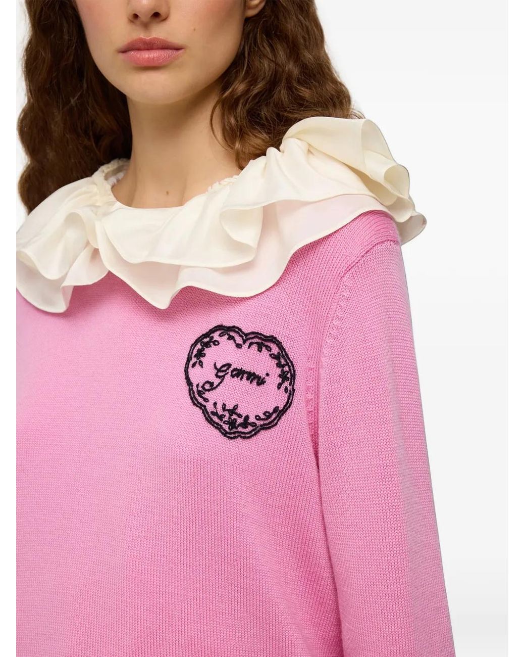 Ganni Pink Heart-Motif Embroidered Sweater