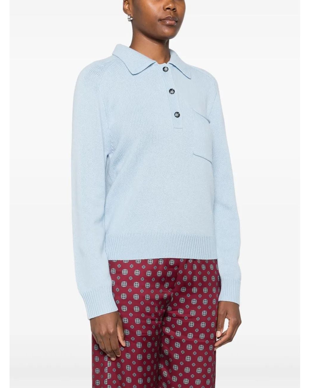 Allude Blue Polo-Neck Patch-Pocket Sweater