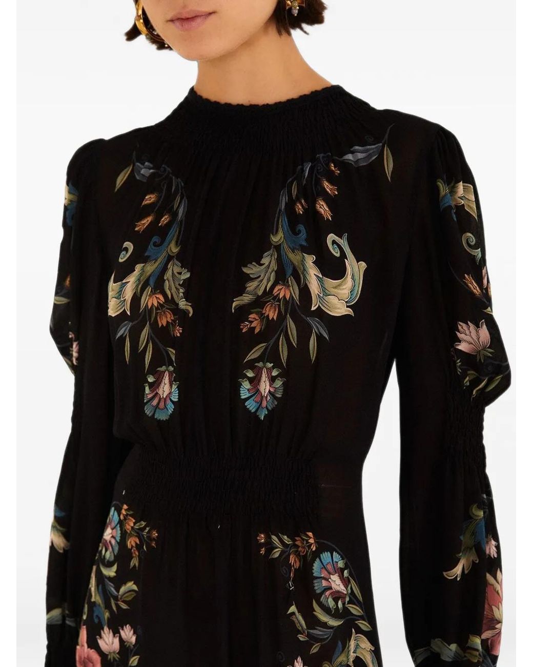 Farm Rio Black Natalia Floral-Print Smocked Mini Dress