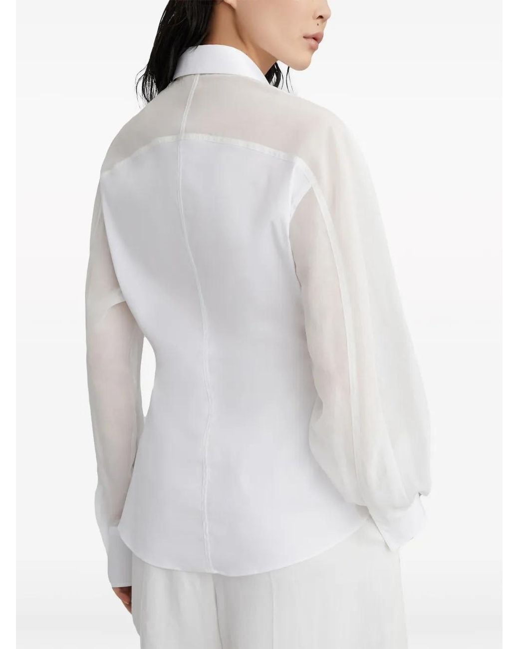 Brunello Cucinelli White Stretch Cotton Poplin Shirt With Light Knit Sleeves And Necklace