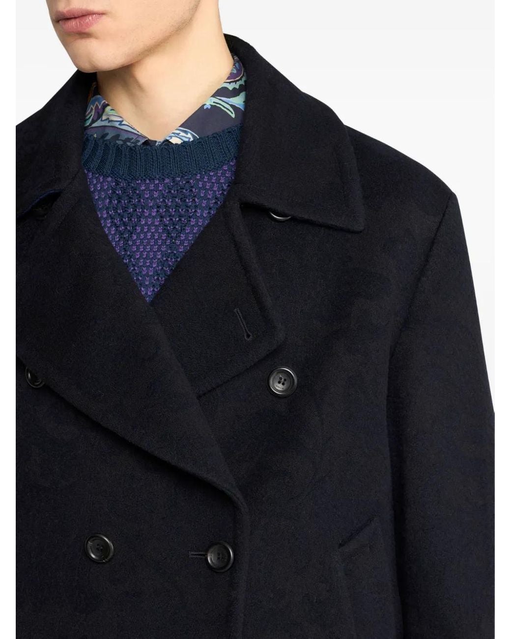 Etro Blue Jacquard Double-Breasted Peacoat for men