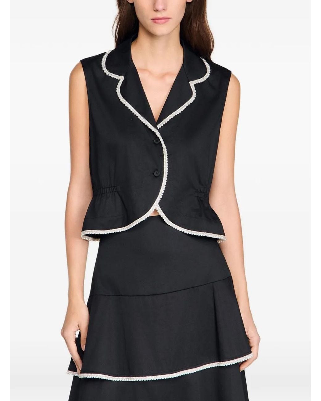 Sandro Black Beaded Collar Top