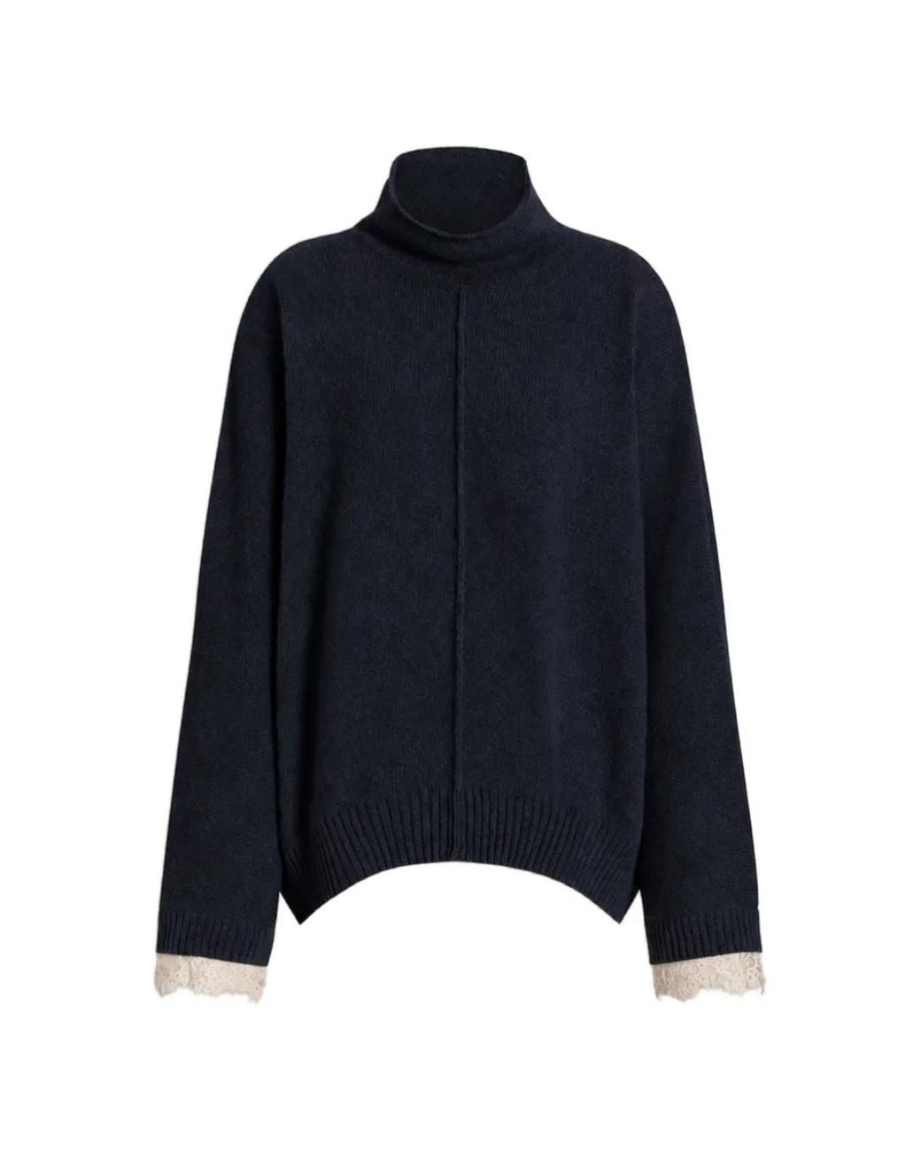 Alberta Ferretti Blue Lace-Trim High-Neck Sweater
