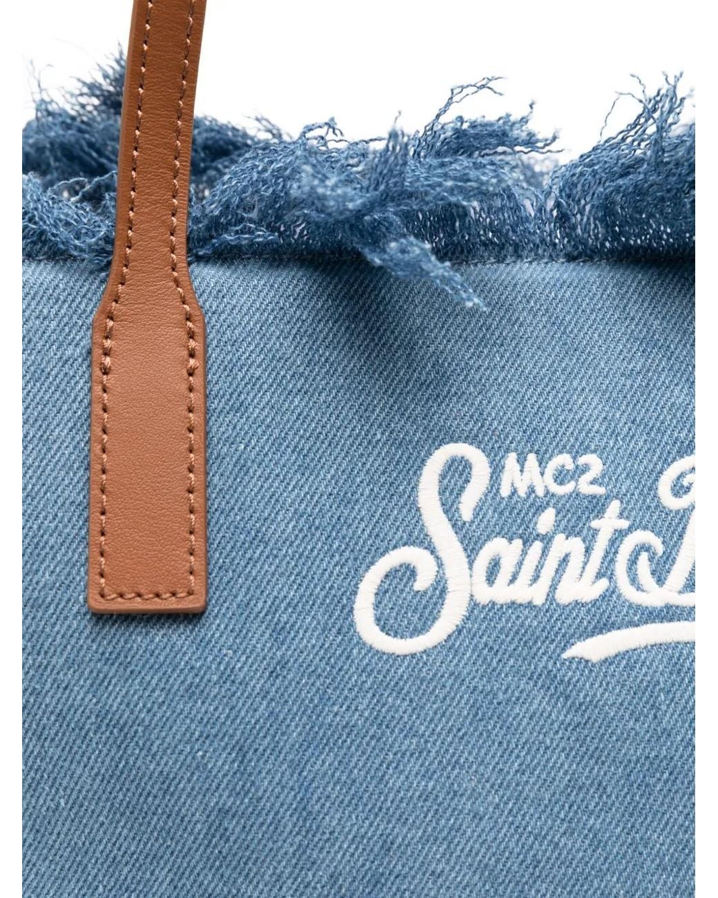 Mc2 Saint Barth Blue Medium City Canvas Shopper Bag With Fringes