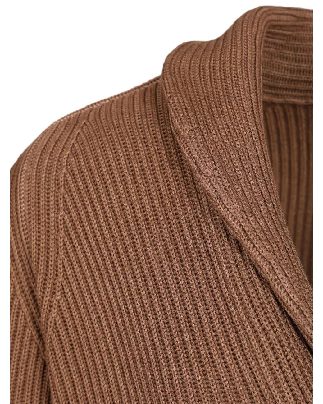 Fedeli Brown Shawl-Collar Ribbed-Knit Cardigan for men