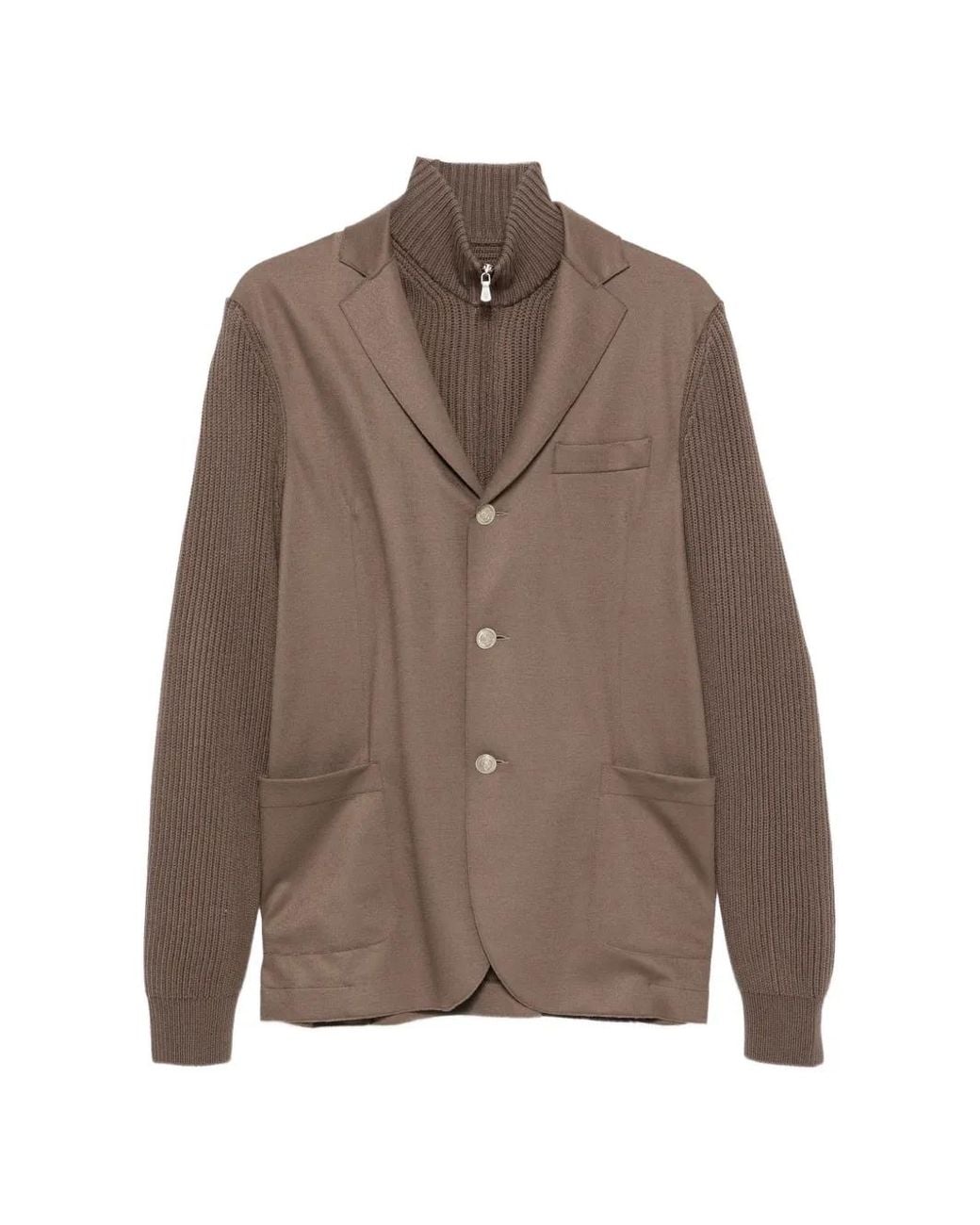 Eleventy Brown Ribbed-Knit Sleeve Layered-Style Jacket for men