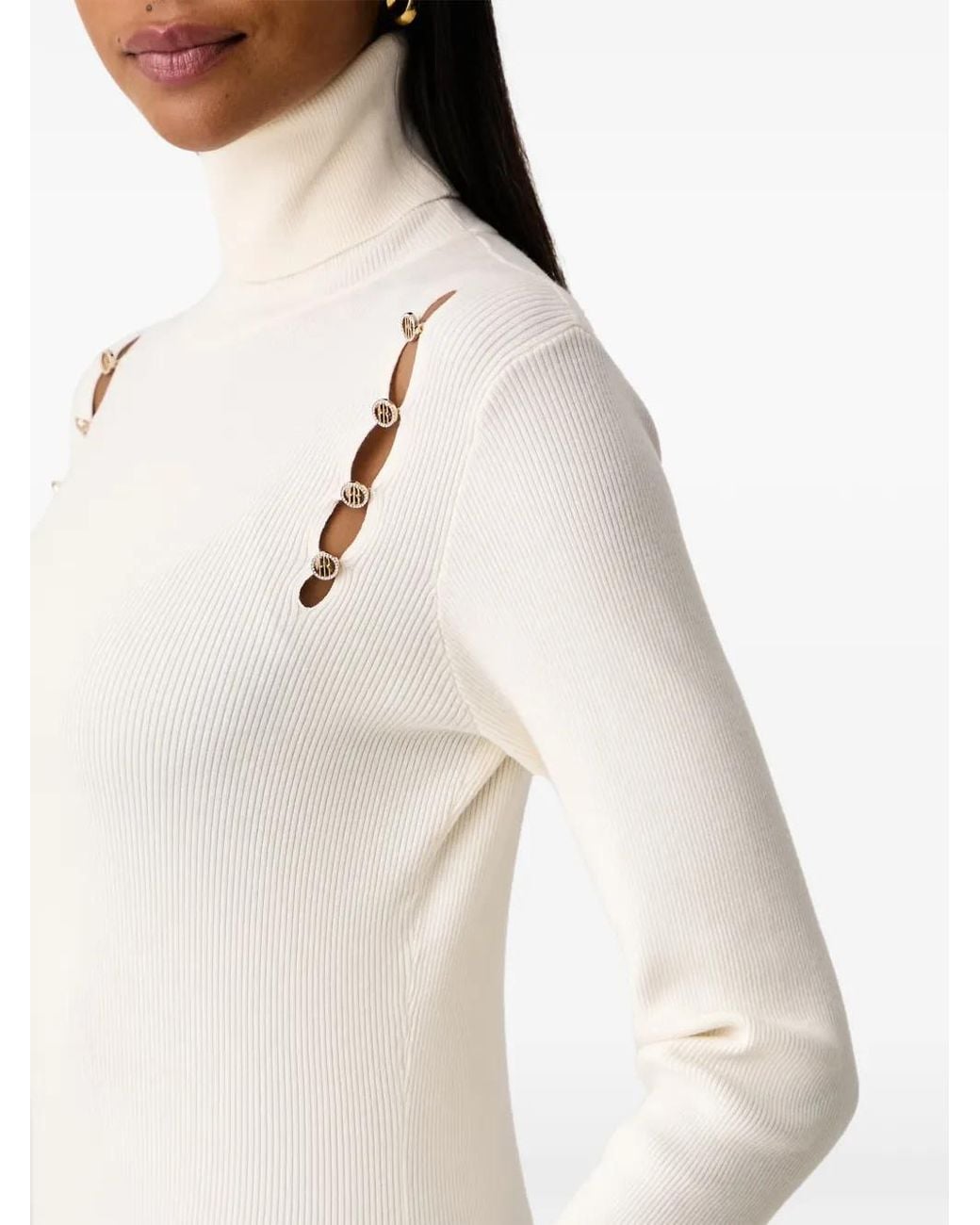 Fracomina White Ribbed-Knit Cut-Out Midi Dress