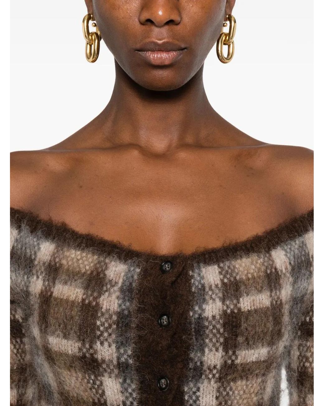 Nanushka Brown Off-Shoulder Check Cardigan