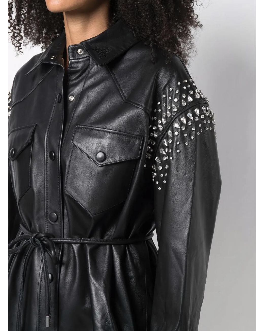 Philipp Plein Black Crystal-Studded Leather Shirt