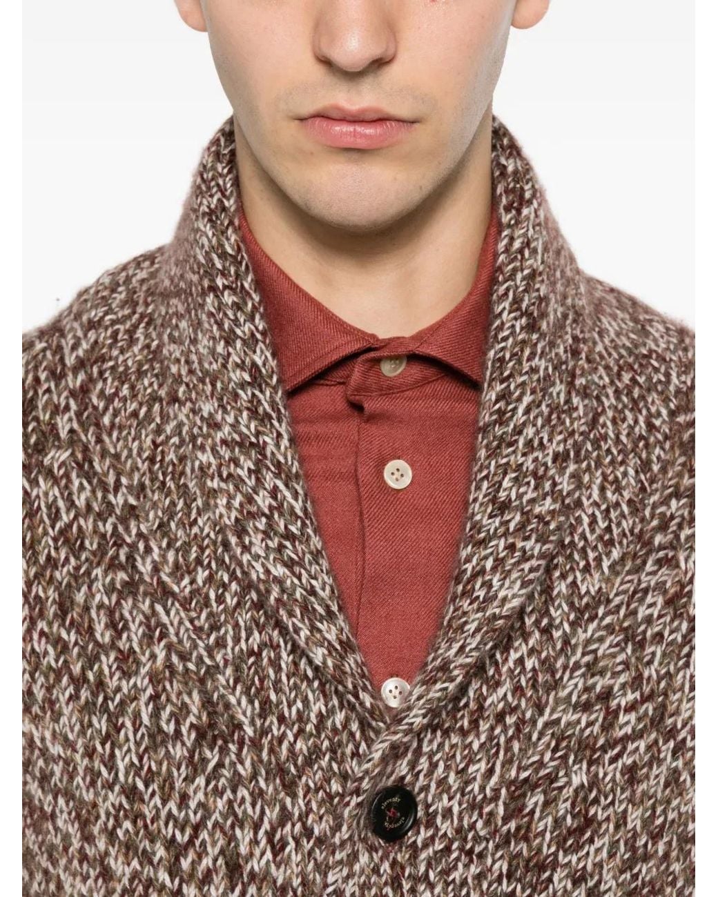 Eleventy Brown Chunky-Knit Shawl-Collar Cardigan for men