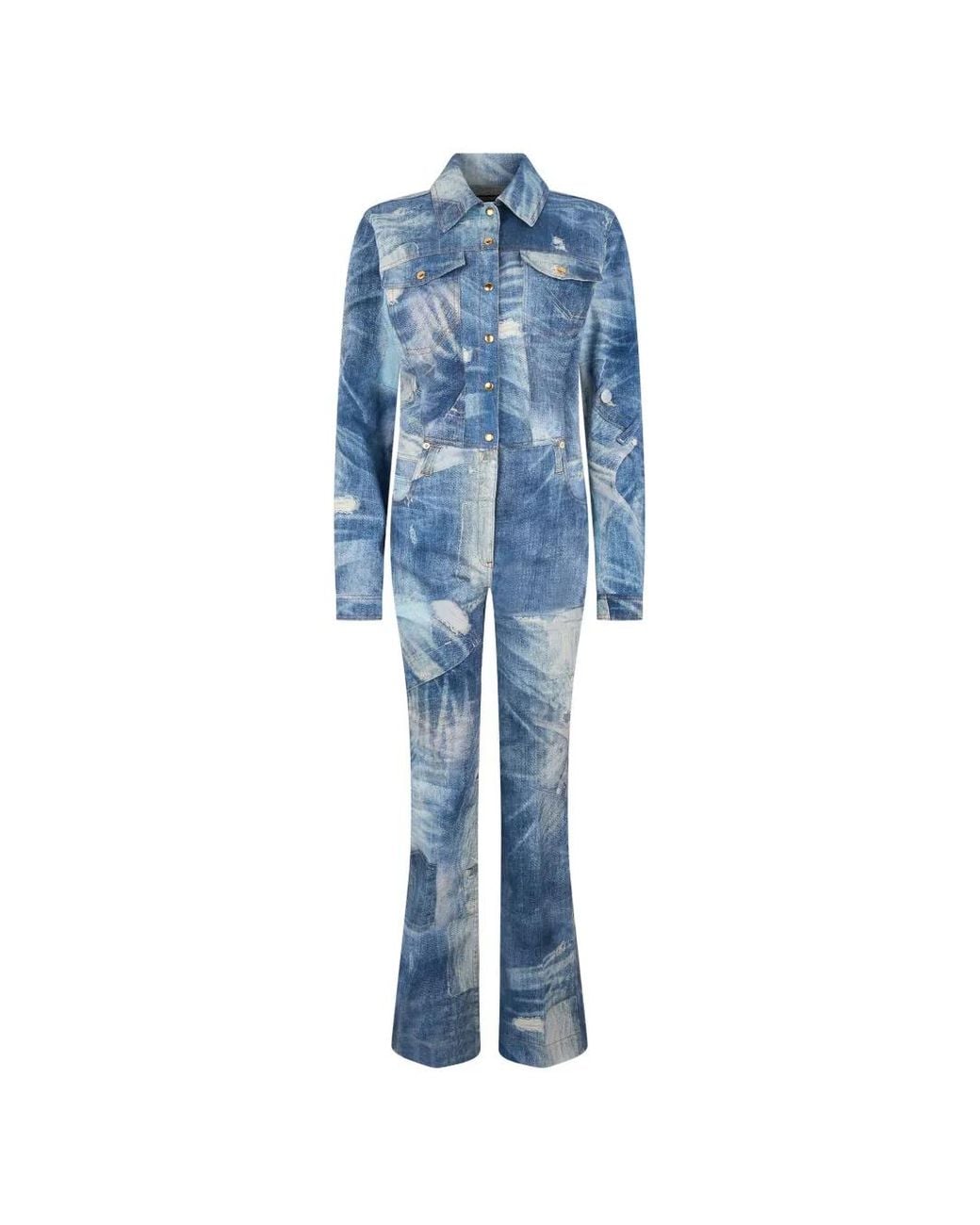 Roberto Cavalli Blue Patchwork-Effect Denim Jumpsuit