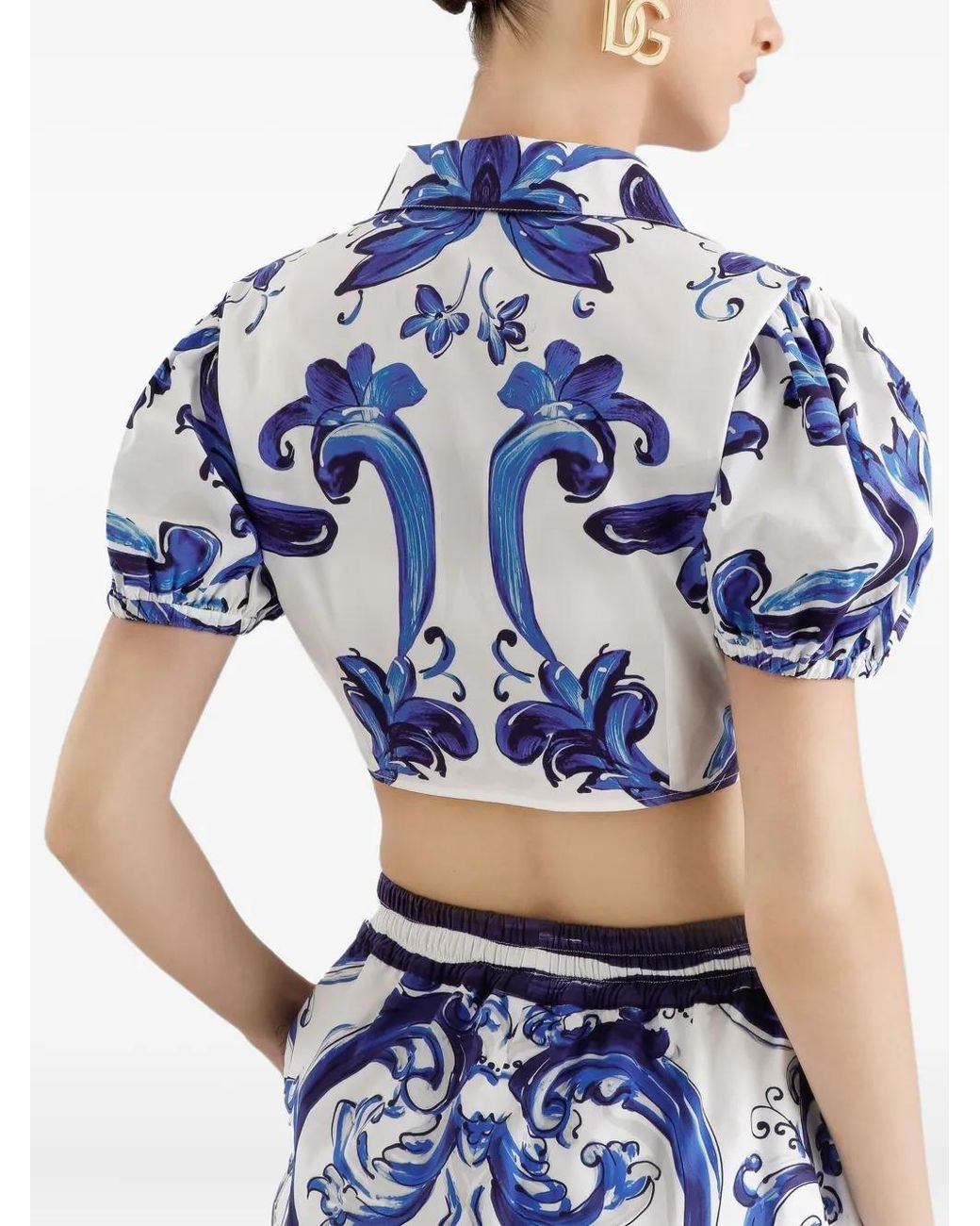 Dolce & Gabbana Blue Majolica-Print Puff-Sleeve Top