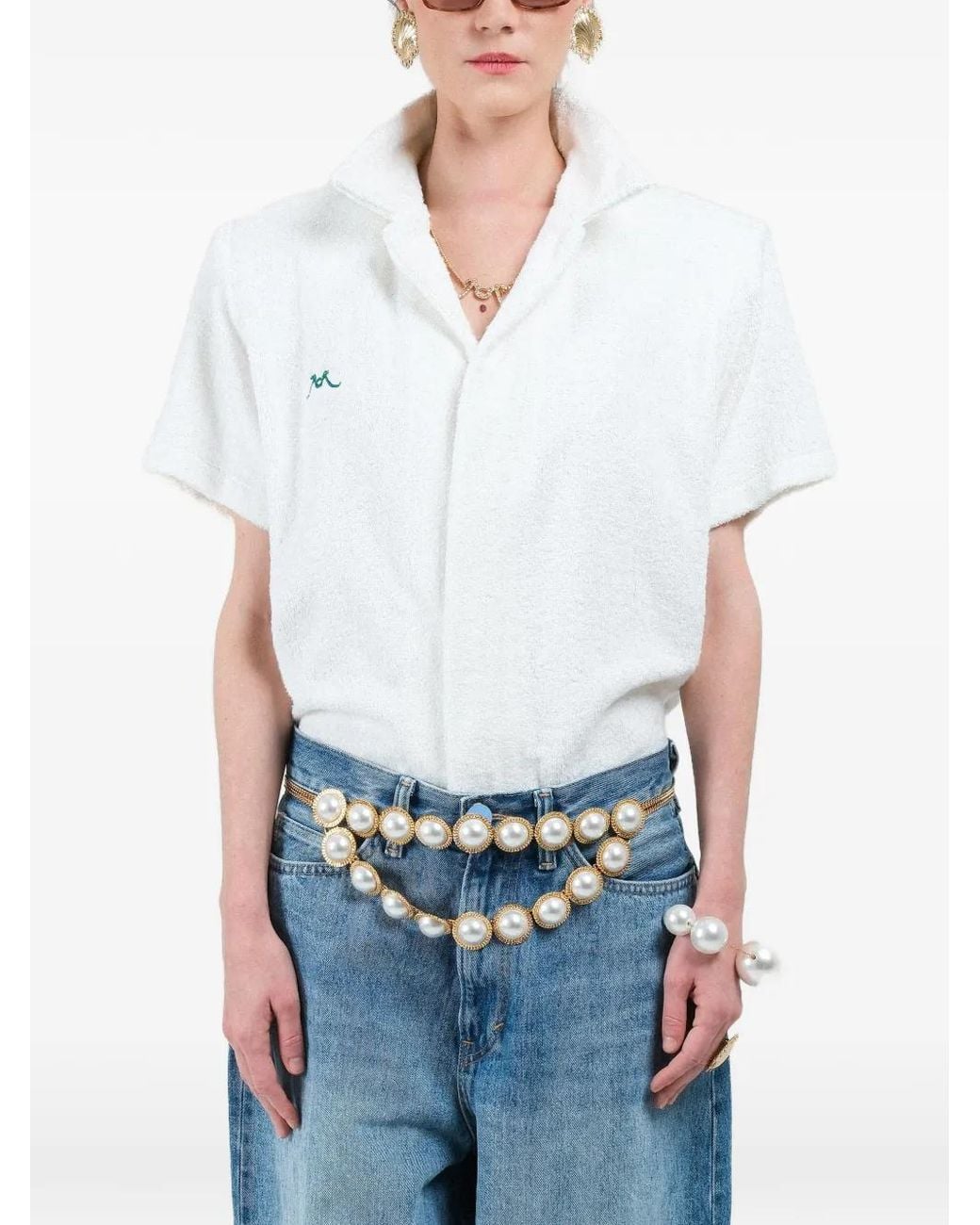 ROWEN ROSE White Chemise À Manches Courtes En Éponge