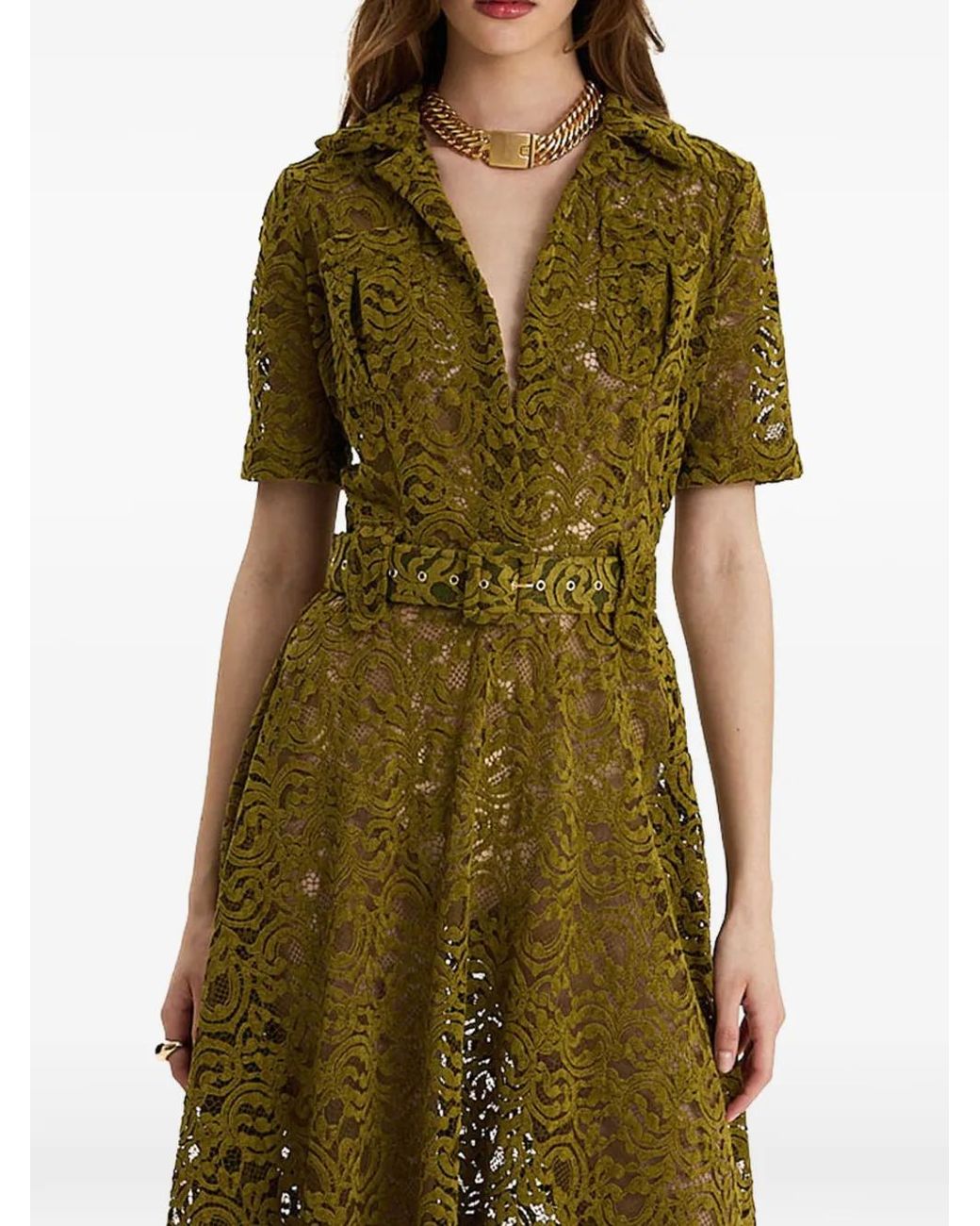 MOOS STUDIO Green Sinner Lace Belted Maxi Dress