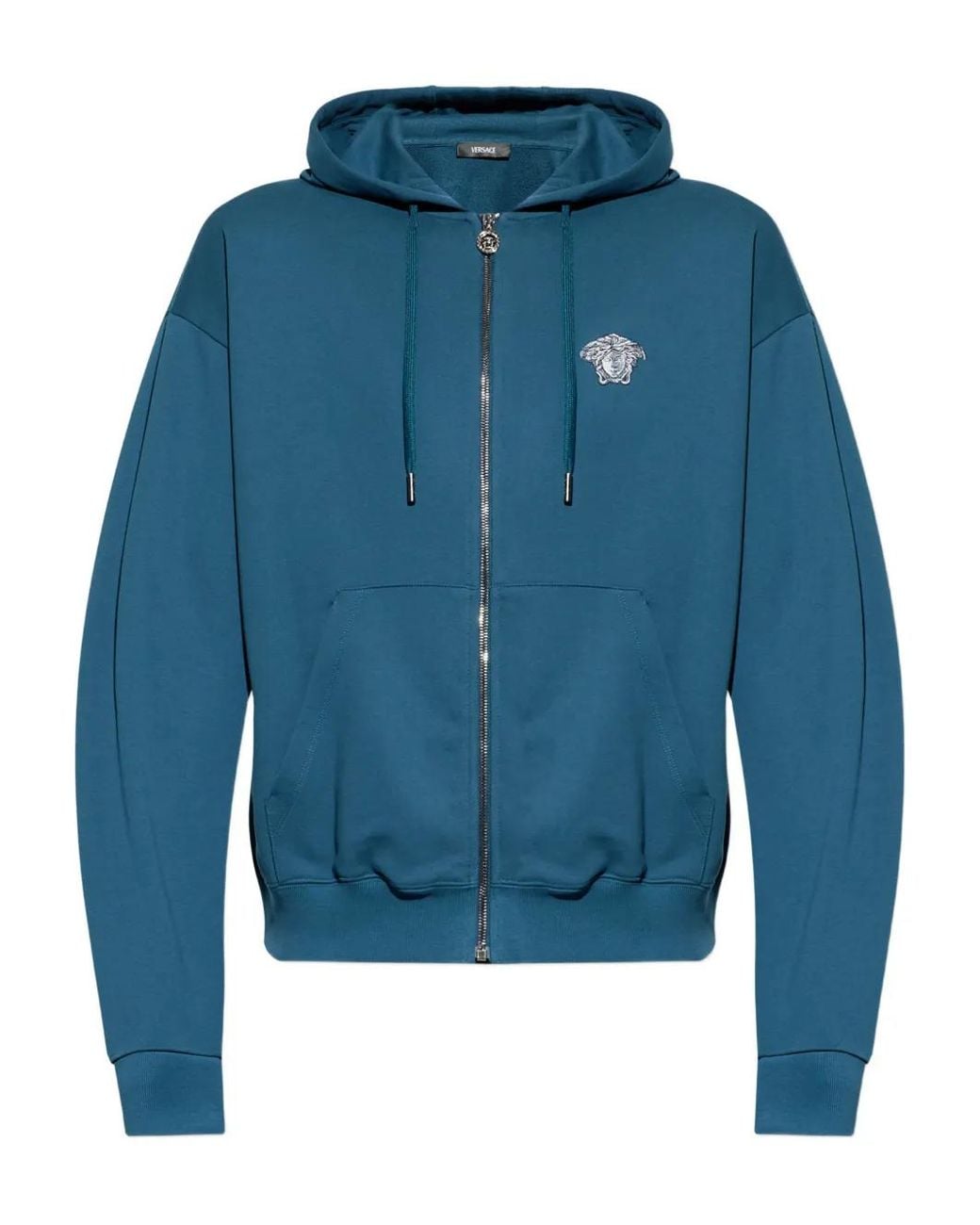 Versace Blue Embroidered Cotton-Jersey Zip Hoodie for men