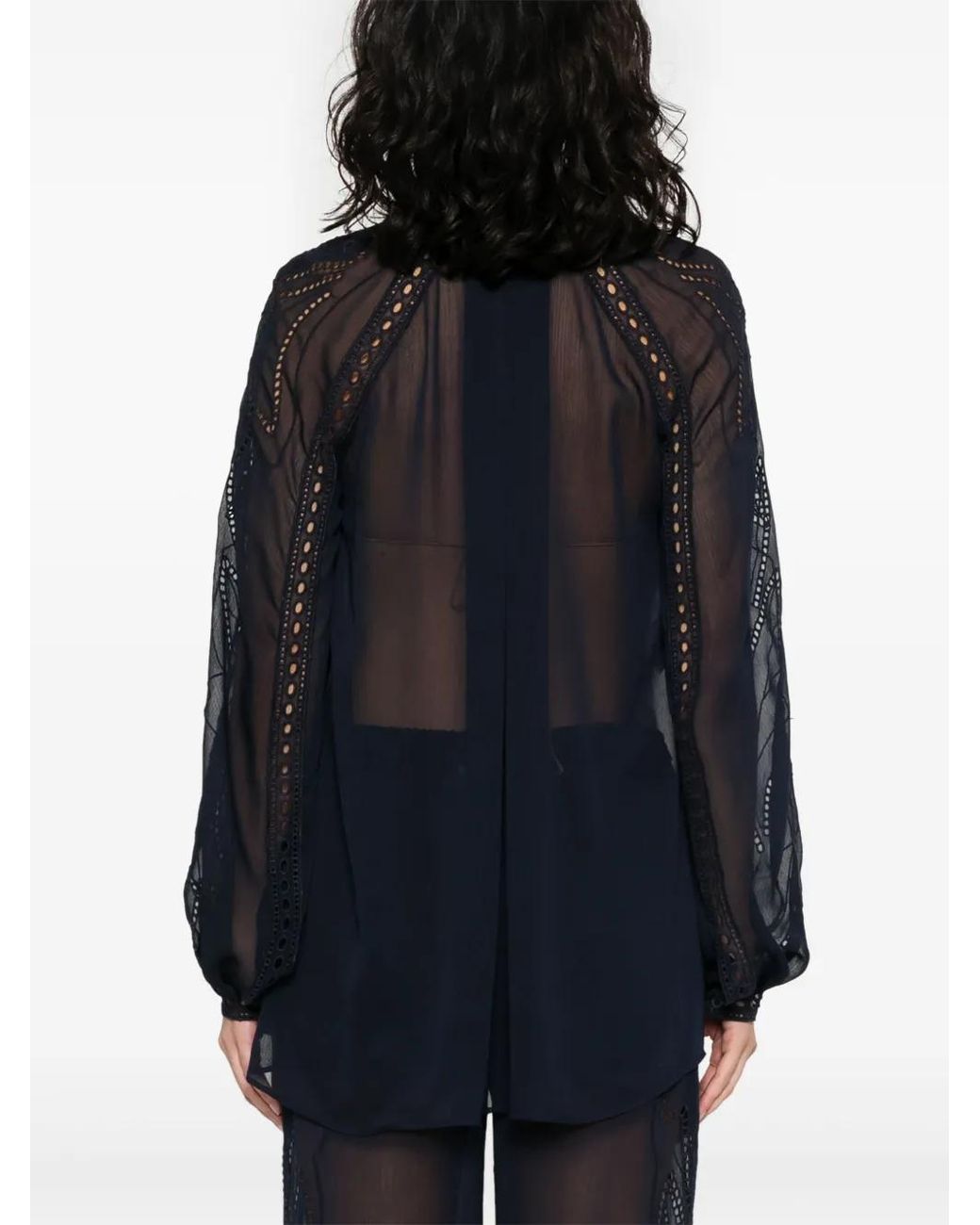 Alberta Ferretti Blue Lace-Trim Chiffon Shirt