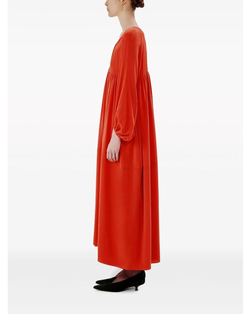 Another Tomorrow Red Pleated Empire Midi Dress