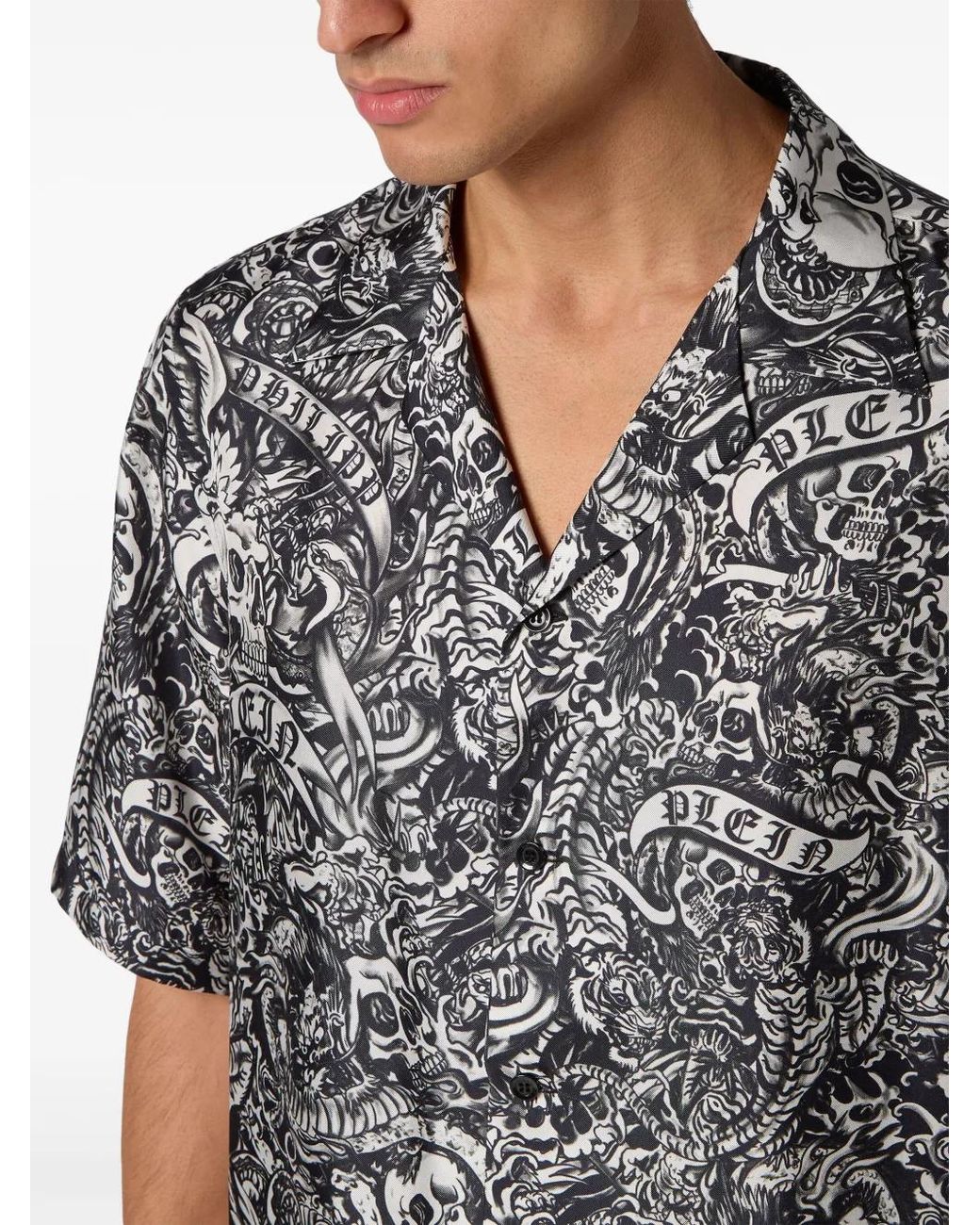 Philipp Plein Gray Tattoo Short-Sleeve Silk Shirt for men