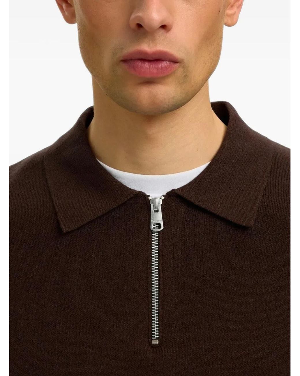 SELECTED Brown Teller Half-Zip Polo Shirt for men