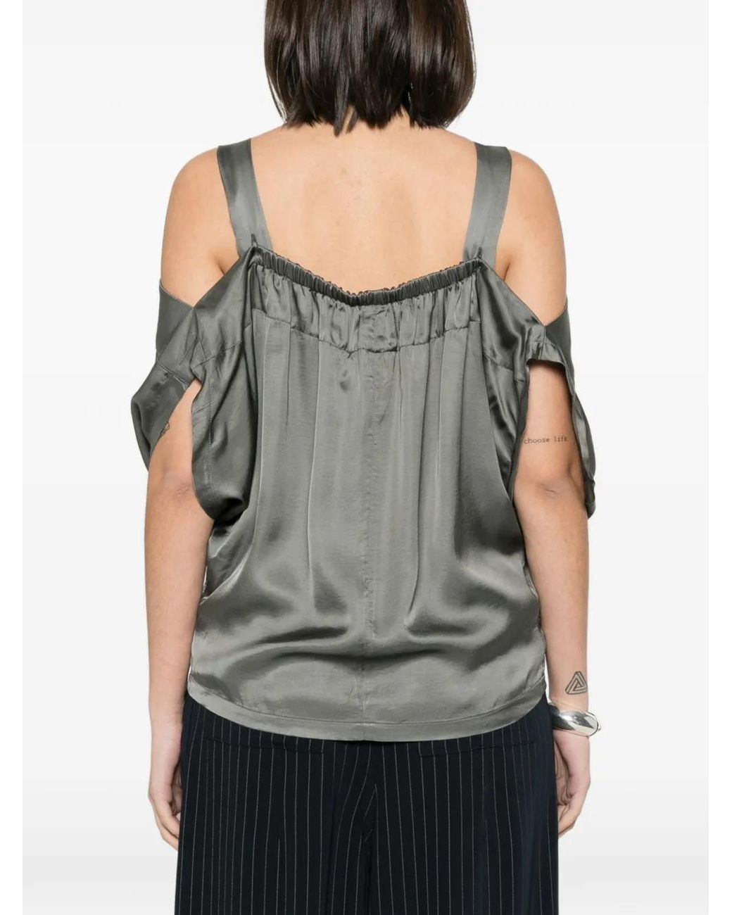 Collection Privée Gray Satik Cold-Shoulder Satin Top