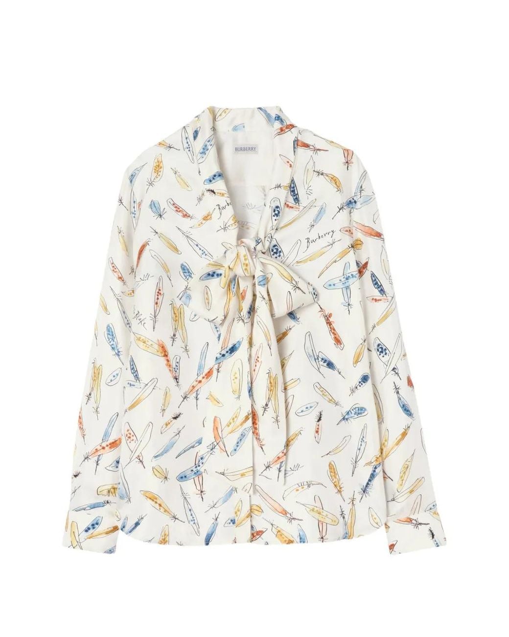 Burberry White Feather-Print Silk Scarf Blouse