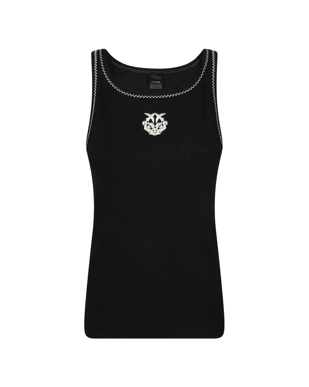 Pinko Black Ribbed Vest Top With Love Birds Embroidery
