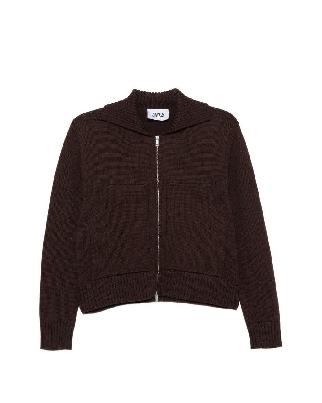 Alpha Studio Brown Zip-Up Ribbed-Trim Sweater