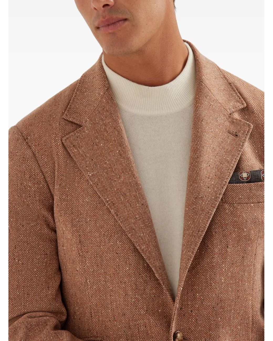 Brunello Cucinelli Brown Herringbone-Pattern Single-Breasted Blazer for men