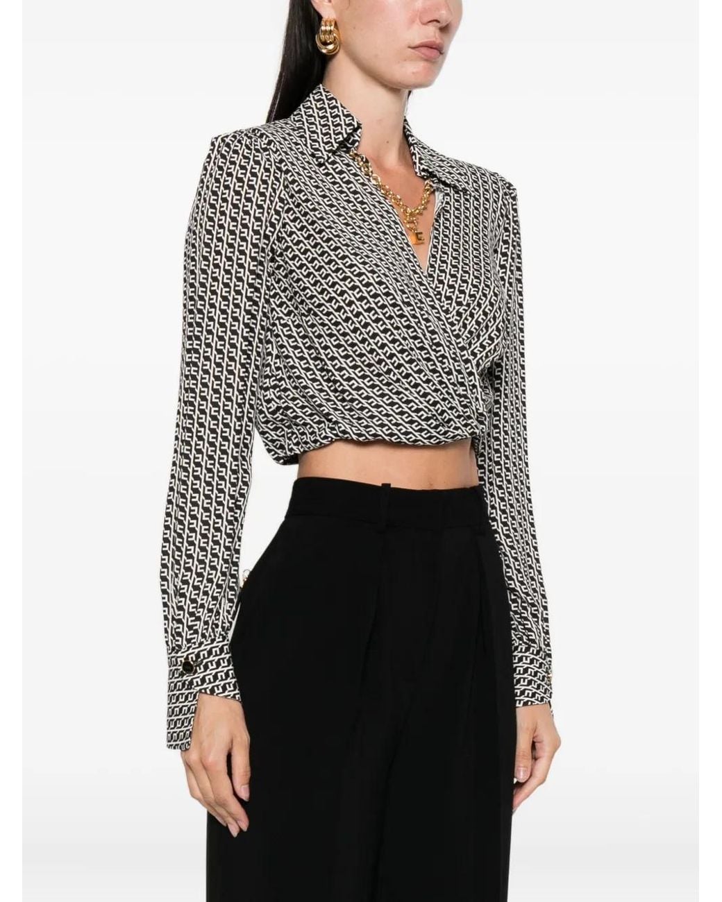 Elisabetta Franchi Geometric-Print Wrap Top in Gray | Lyst