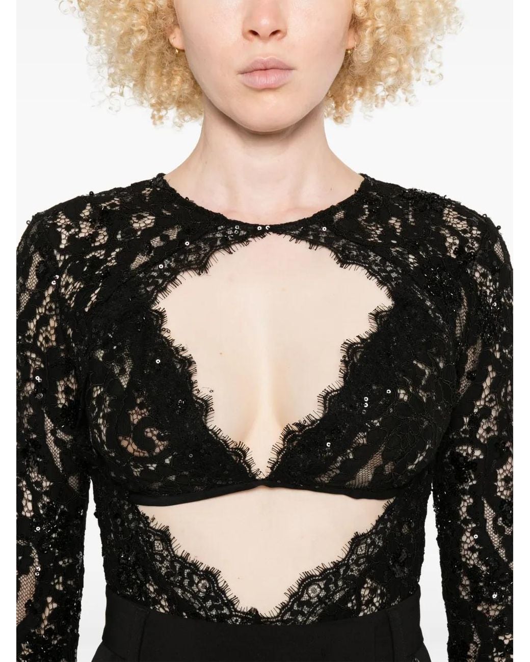 Nissa Black Sequin-Detail Lace Bodysuit