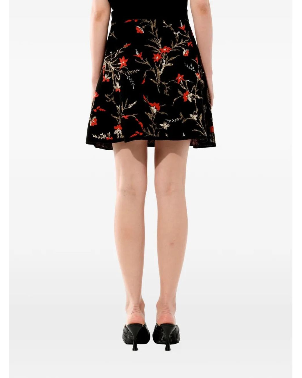Balenciaga Black Floral-Embroidered A-Line Midi Skirt