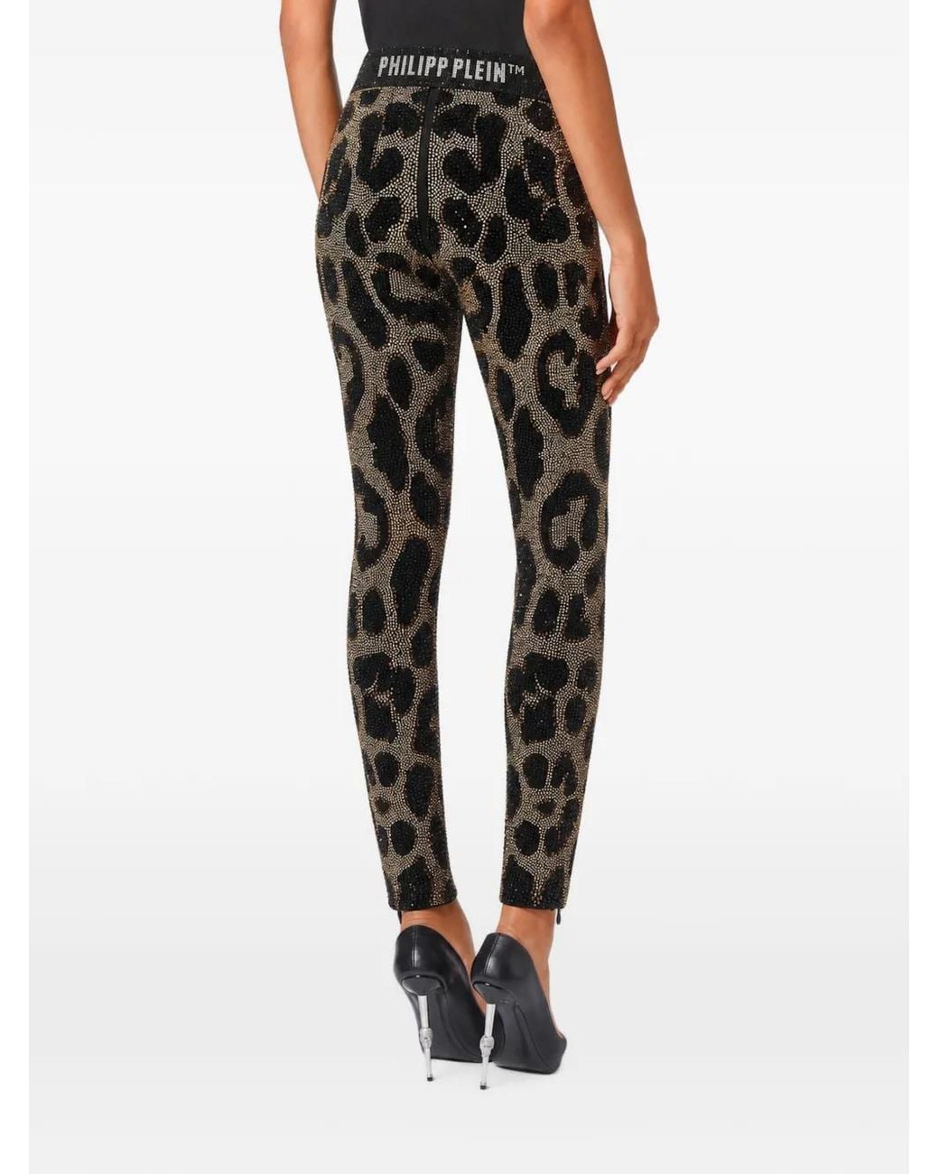 Philipp Plein Black Leopard-Print Rhinestone-Embellished Leggings